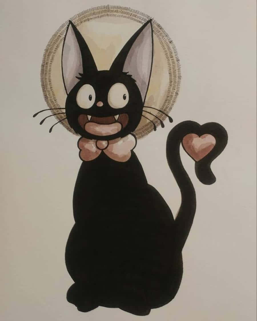 Jiji Cat 桌布 壁紙 — 一隻開心的大眼黑貓，尾巴末端呈心形，坐在圓形光環背景前微笑。