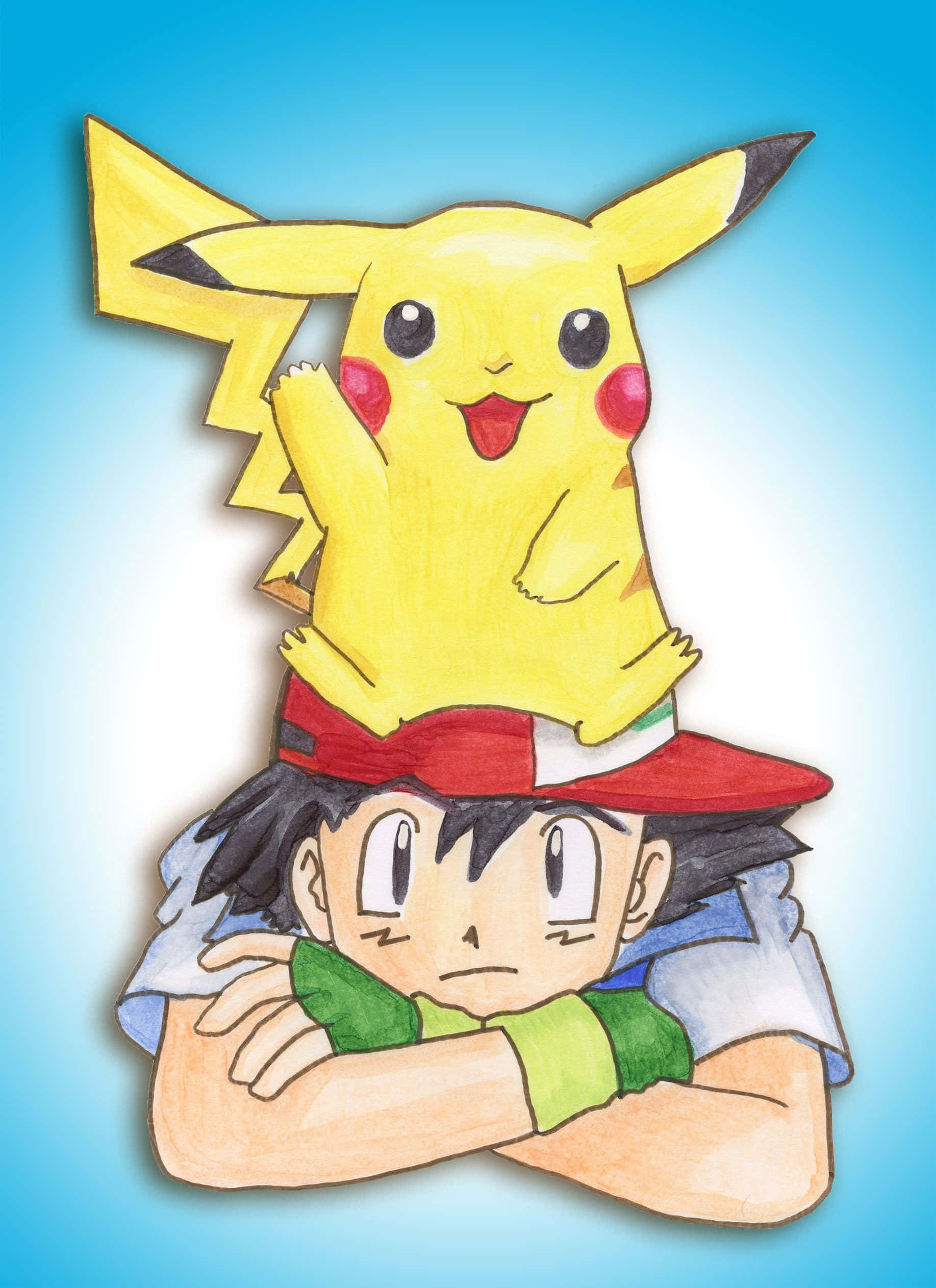 Ash And Pikachu 桌布 壁紙 — 一隻開心的比卡超企喺小智嘅頭上，背景係柔和嘅藍色漸變。