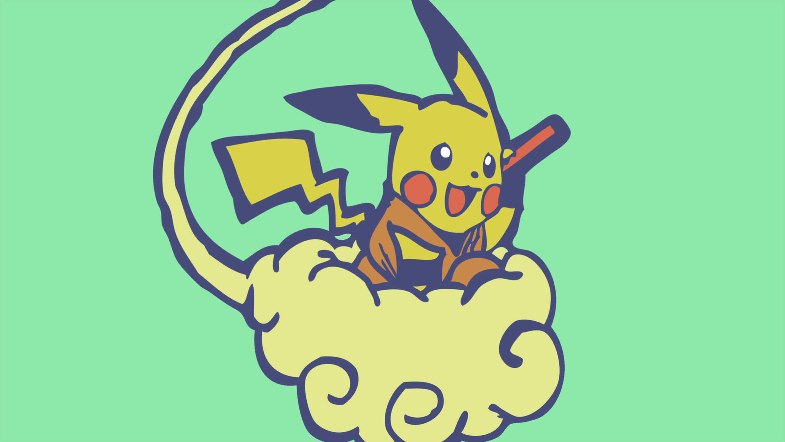 Pokemon Characters 桌布 壁紙 — 一隻開心的比卡超坐在蓬鬆的黃色雲朵上，背景是薄荷綠色，並有粗黑的輪廓線。