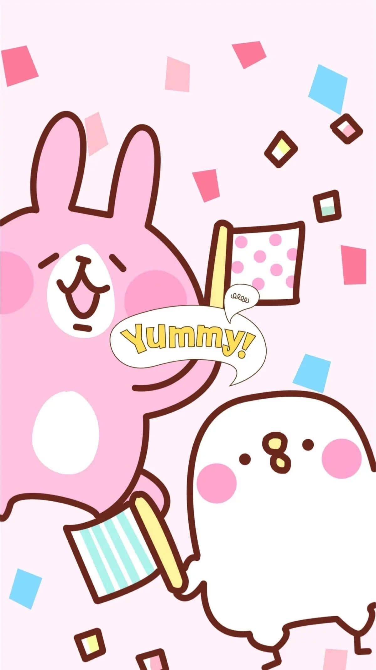 Kawaii Cartoon 桌布 壁紙 — 一隻開心的粉紅色兔子和白色鬼魂角色在粉彩色粉紅色背景上，用五彩紙屑和「Yummy!」對話框慶祝。