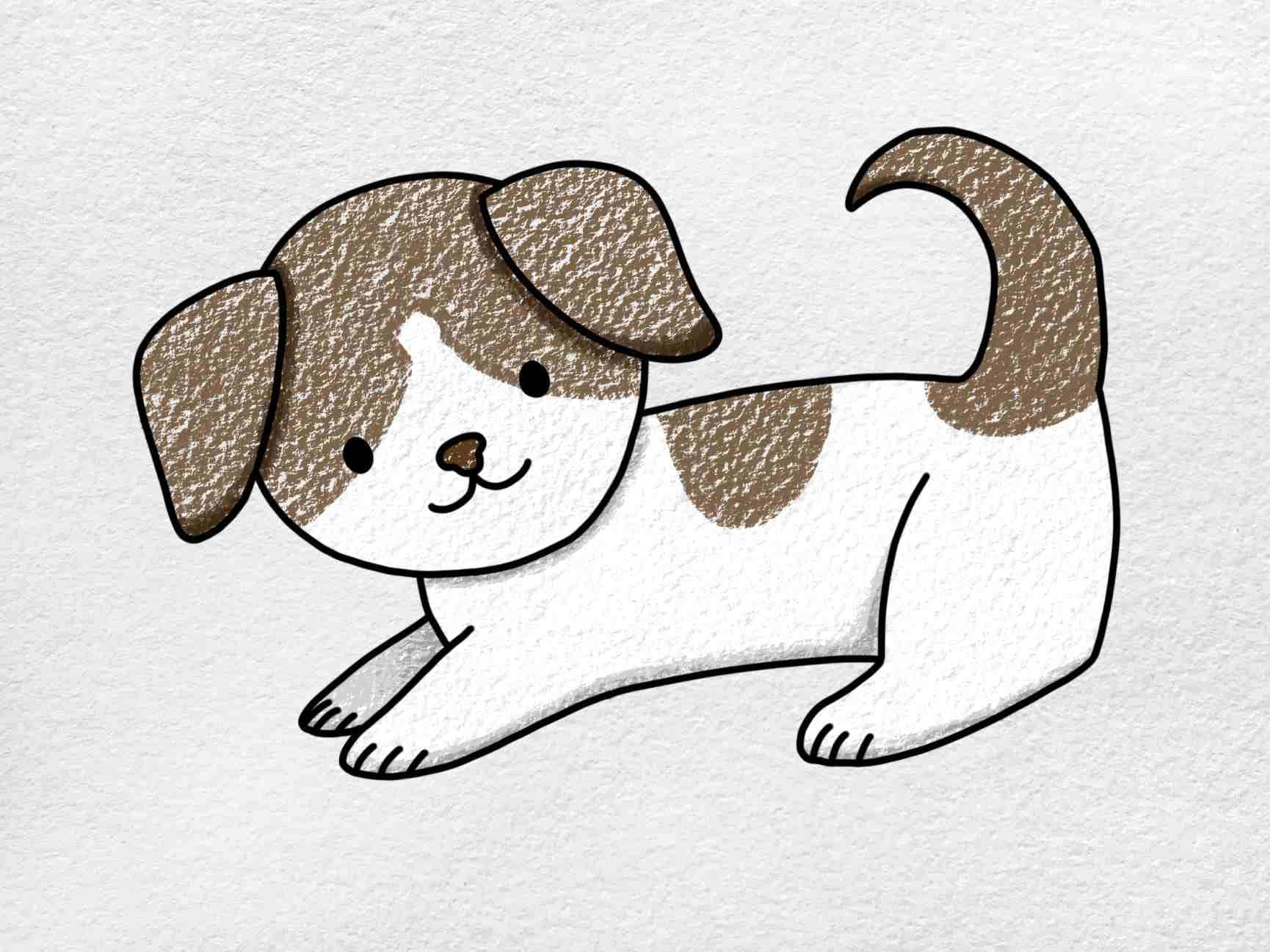 一隻開心的金毛 Retrievers 在秋天散步 壁紙 — 一隻可愛的卡通小狗，有棕色斑點和捲曲尾巴，躺在有紋理的白色紙上，帶有簡單的黑色輪廓。
