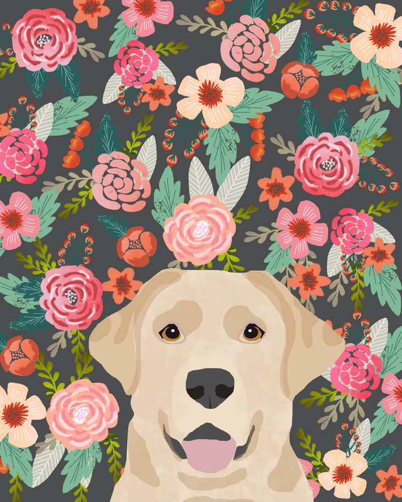 Yellow Labrador 桌布 壁紙 — 一隻開心的黃色拉布拉多尋回犬的臉從深灰色背景上充滿活力的粉紅蜜桃和橙色花朵圖案中探出頭來。