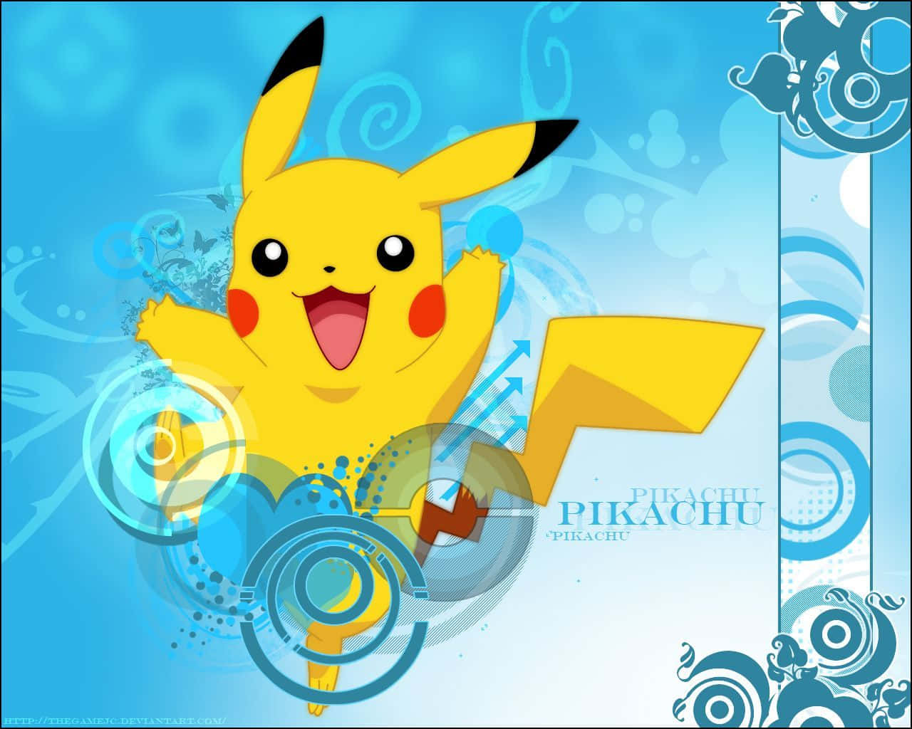 Pokemon Phone 桌布 壁紙 — 一隻開心的黃色比卡超在充滿數碼電路圖案的鮮豔藍色漩渦背景上歡快地跳躍。