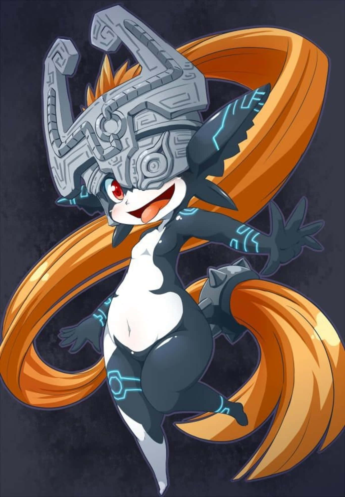 The Legend Of Zelda Midna 桌布 壁紙 — 一隻開朗的動漫風格狐狸，擁有橙色毛髮和未來感銀色頭盔，在黑暗背景上動感起舞。