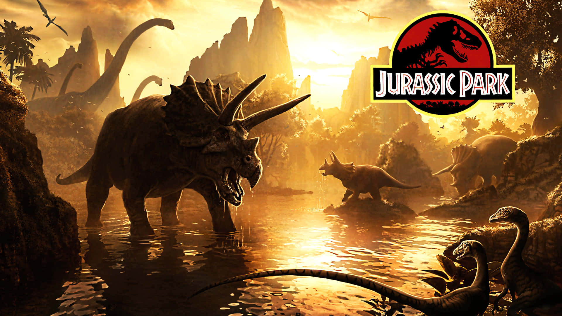 金色日落山谷中的恐龍，帶有 Jurassic Park 標誌 — 侏羅紀公園 壁紙