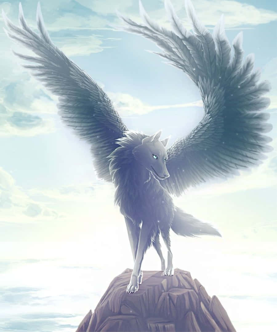 anime wolf 桌布 壁紙 — 一隻雄偉的帶翼狼，擁有發光的藍色眼睛，站在岩石山峰上，背景是柔和的雲天。