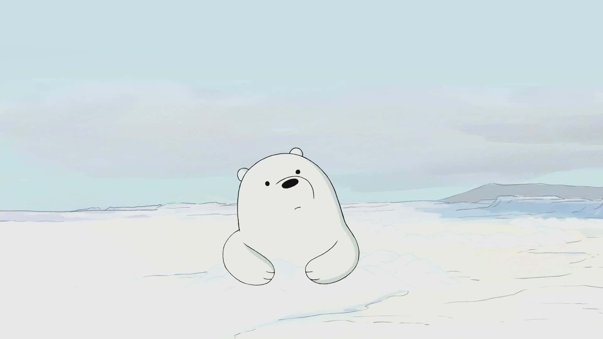 一隻雄偉的極地熊獨自矗立於覆雪的山巔 壁紙 — 一隻卡通北極熊獨自坐在蒼白天空下廣闊的雪景中。