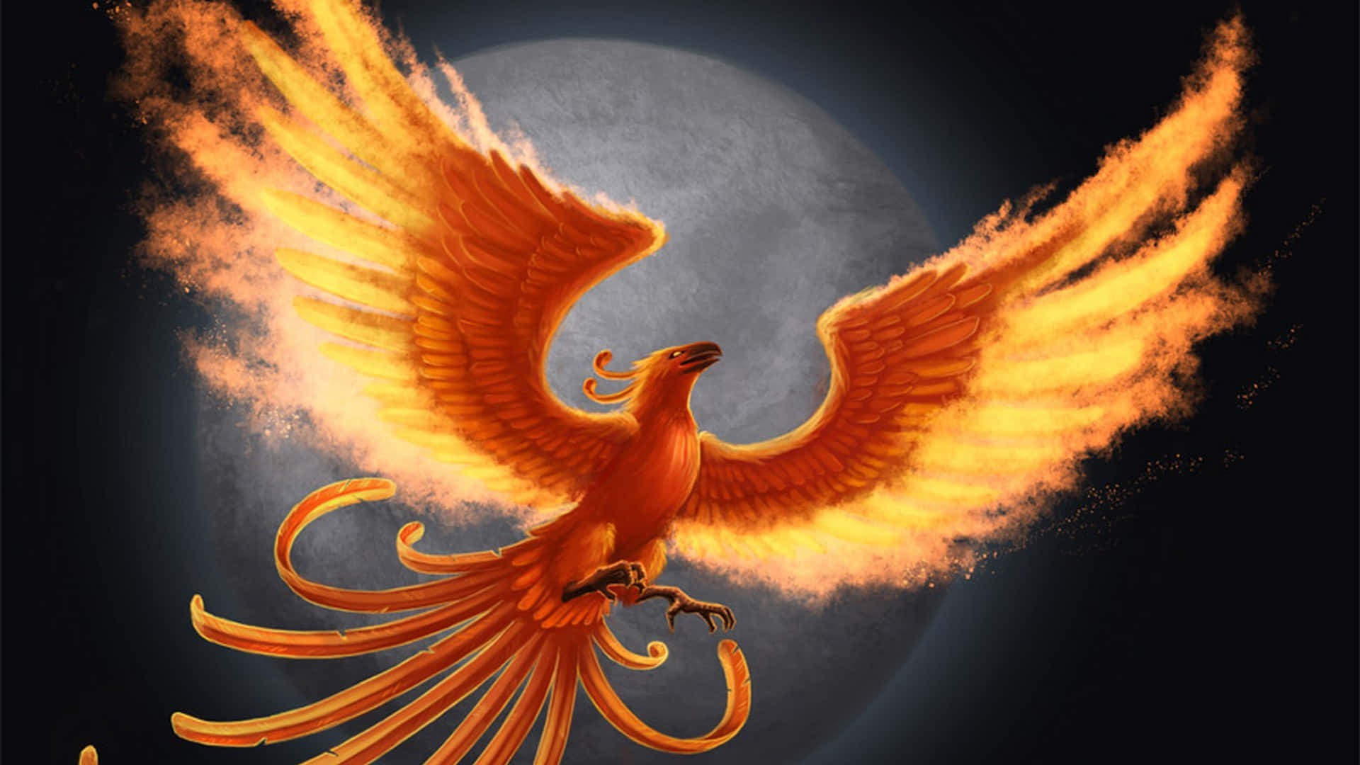 鳳凰 桌布 壁紙 — 一隻雄偉的火鳳凰，閃耀著橙色翅膀，在黑暗的天空中展開羽毛，背後有一輪滿月。