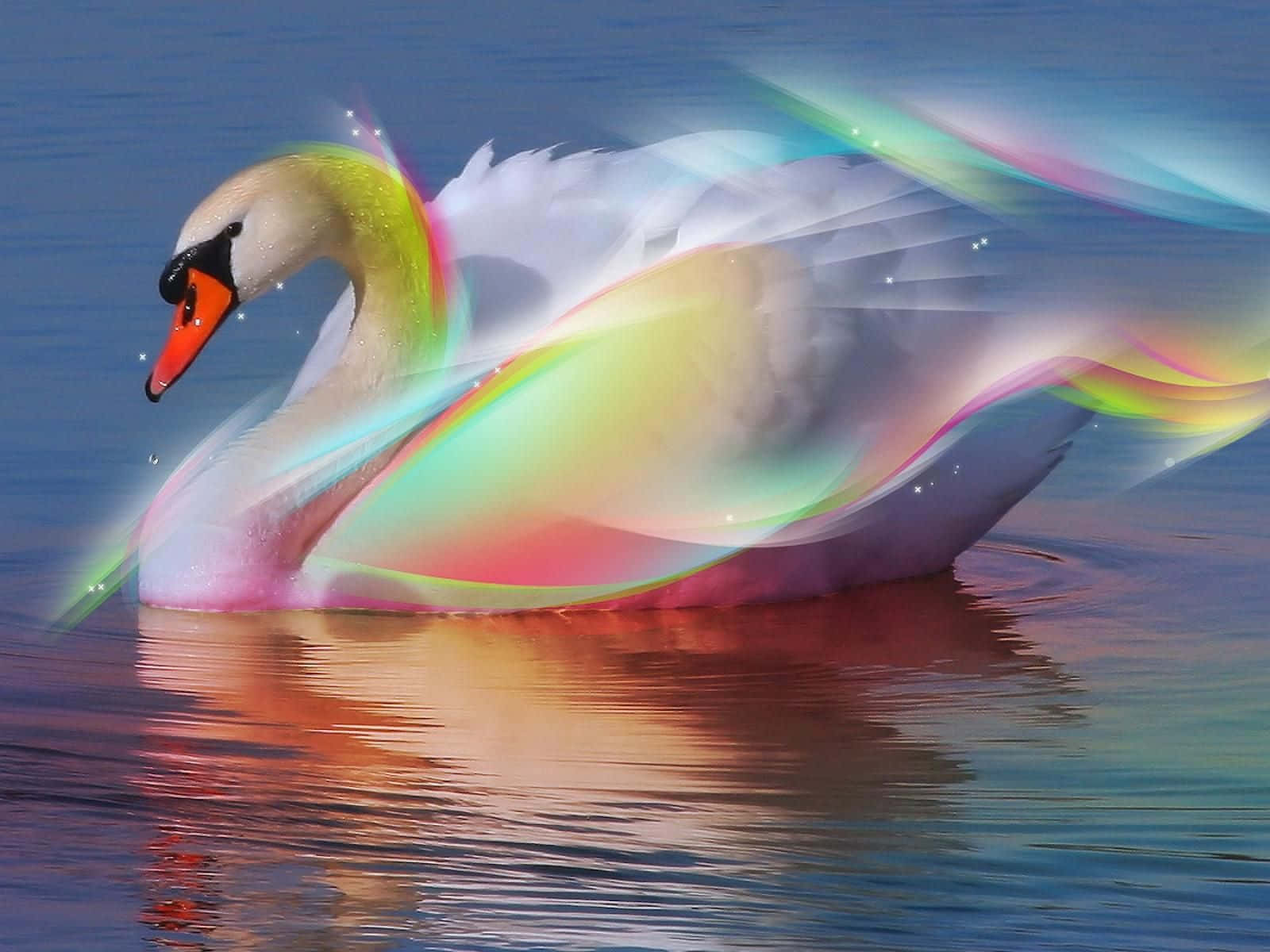 3d Animal 桌布 壁紙 — 一隻雄偉的白天鵝在平靜的水面上滑行，羽毛閃爍著充滿活力的彩虹光跡和閃爍的粒子。