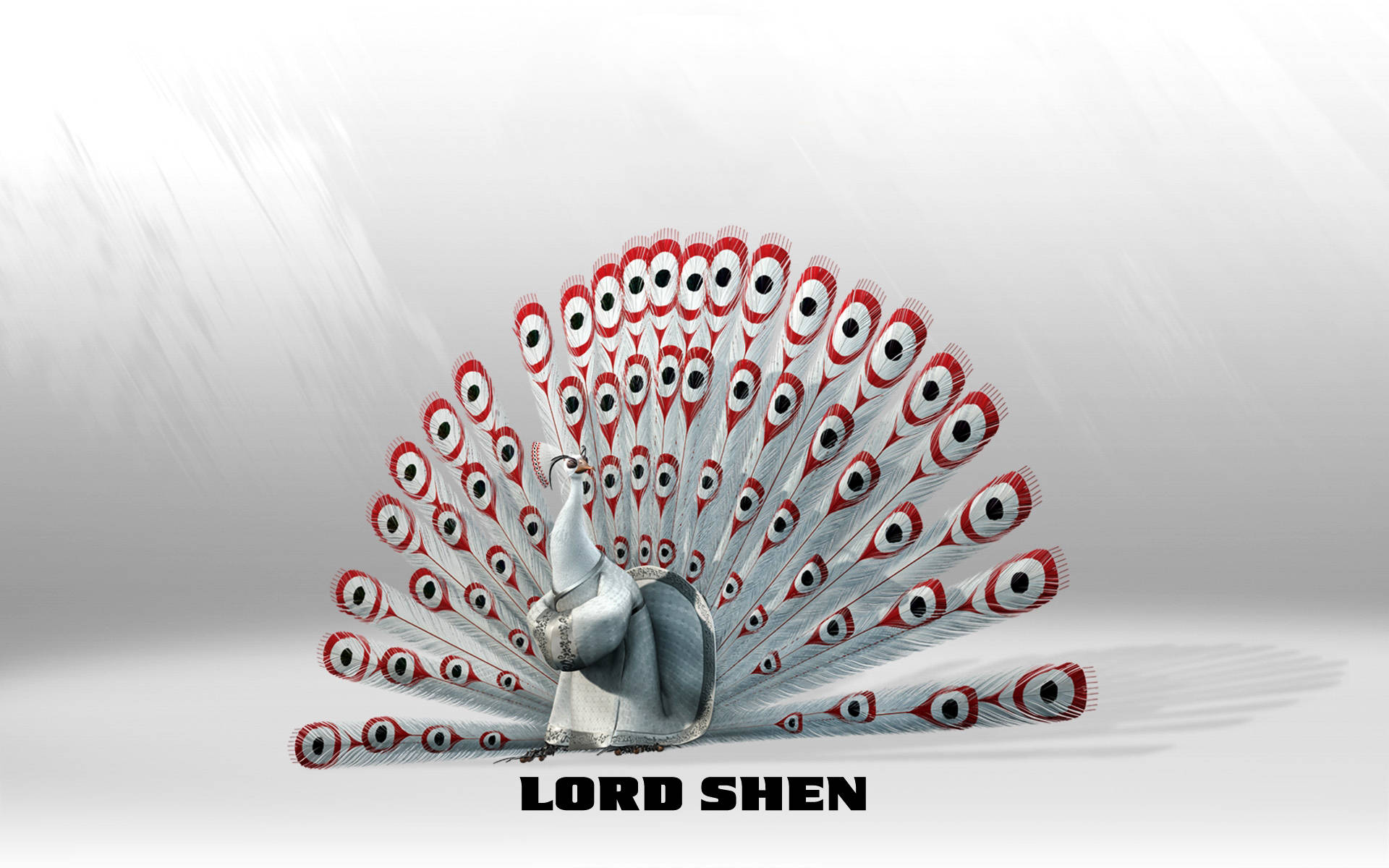 Laptop 桌布 壁紙 — 一隻雄偉的白孔雀，帶有紅色和黑色眼狀羽毛，在柔和的灰色漸變背景上展開尾巴。