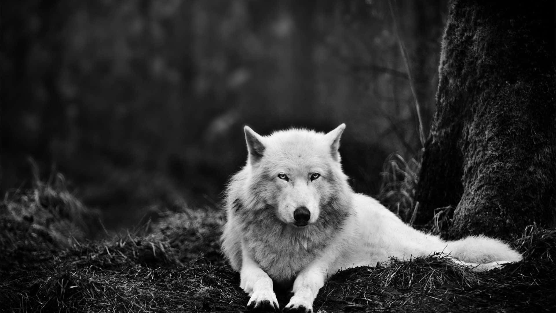 Lone Wolf 桌布 壁紙 — 一隻雄偉的白狼在森林地上長滿苔蘚的樹幹旁警覺地休息，單色調。