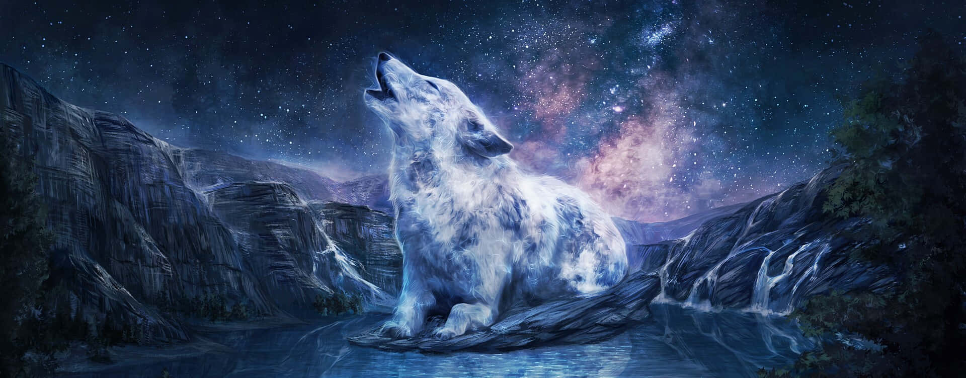 Wolf Art 桌布 壁紙 — 一隻雄偉的白狼在繁星點點的夜空下嚎叫，夜空中有發光的星系位於山間河流之上。