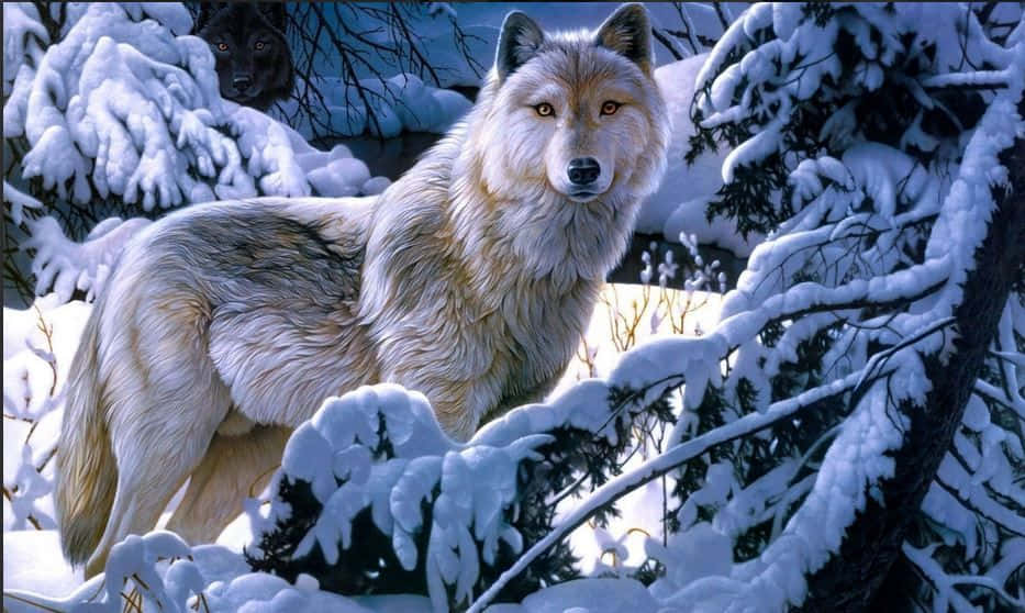White Wolf 桌布 壁紙 — 一隻雄偉的白狼在雪地森林中警覺地站著，另一隻狼在積雪的樹枝後觀望。