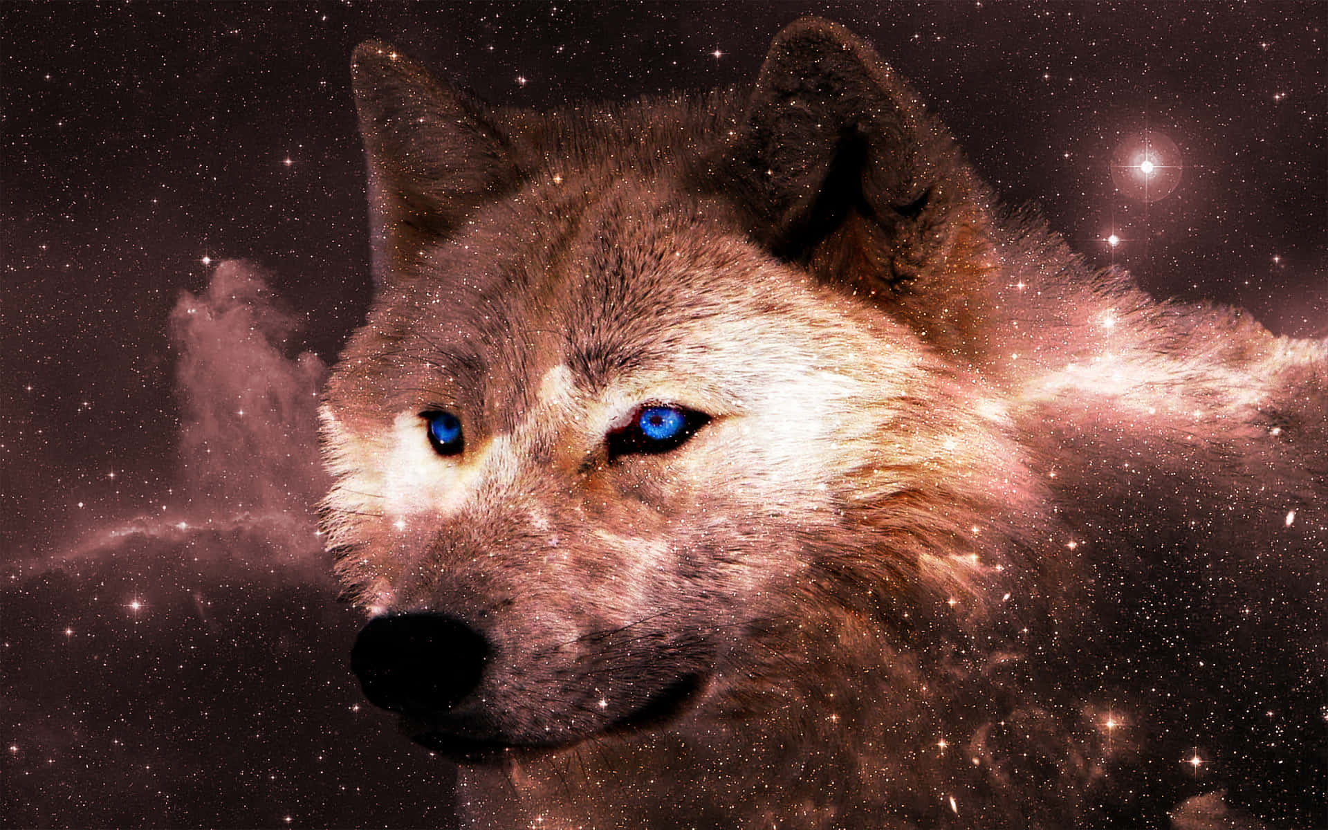 在繁星點點的宇宙星雲中，一隻眼睛發著藍光的狼。
