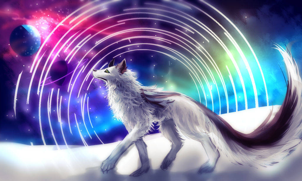 Cool Wolf 桌布 壁紙 — 一隻雄偉的白狼站在白雪覆蓋的山峰上，下方是帶有發光環和彩色星雲的宇宙天空。