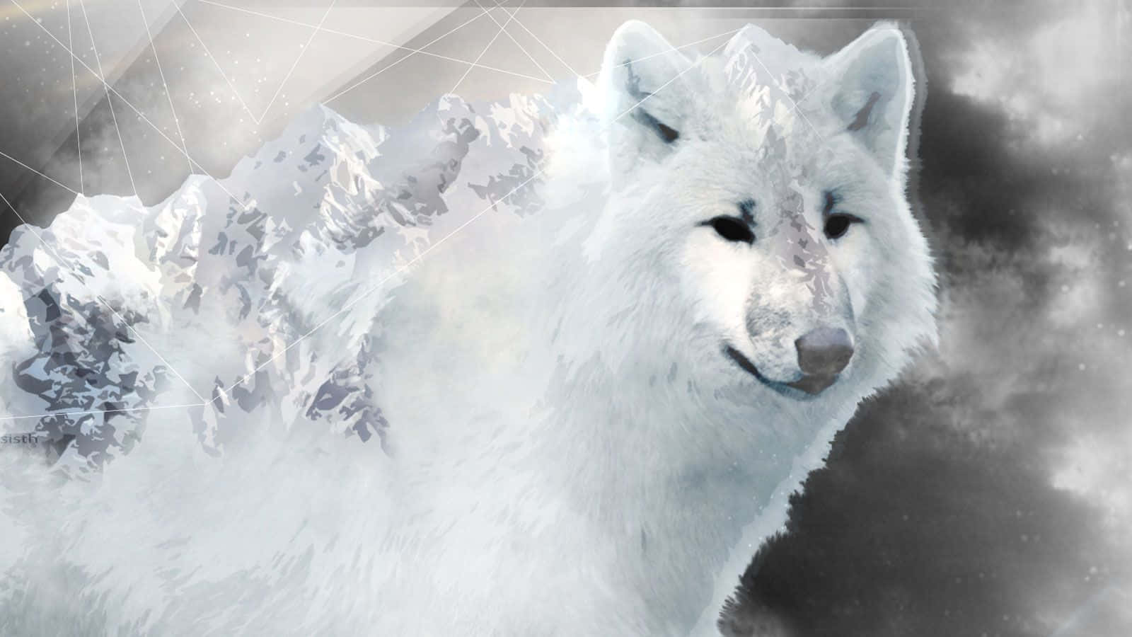 White Wolf 桌布 壁紙 — 一隻雄偉的白狼站在雪覆蓋的山景中，幾何線條疊加在迷霧背景上。