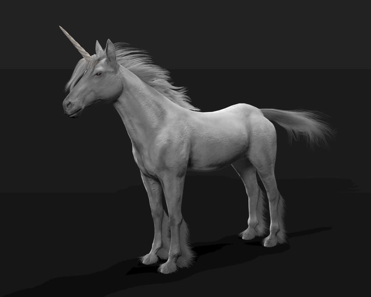 3d Unicorn 桌布 壁紙 — 一隻雄偉的白色獨角獸在純黑色背景上優雅地站立，其獨角閃爍著空靈的光芒。