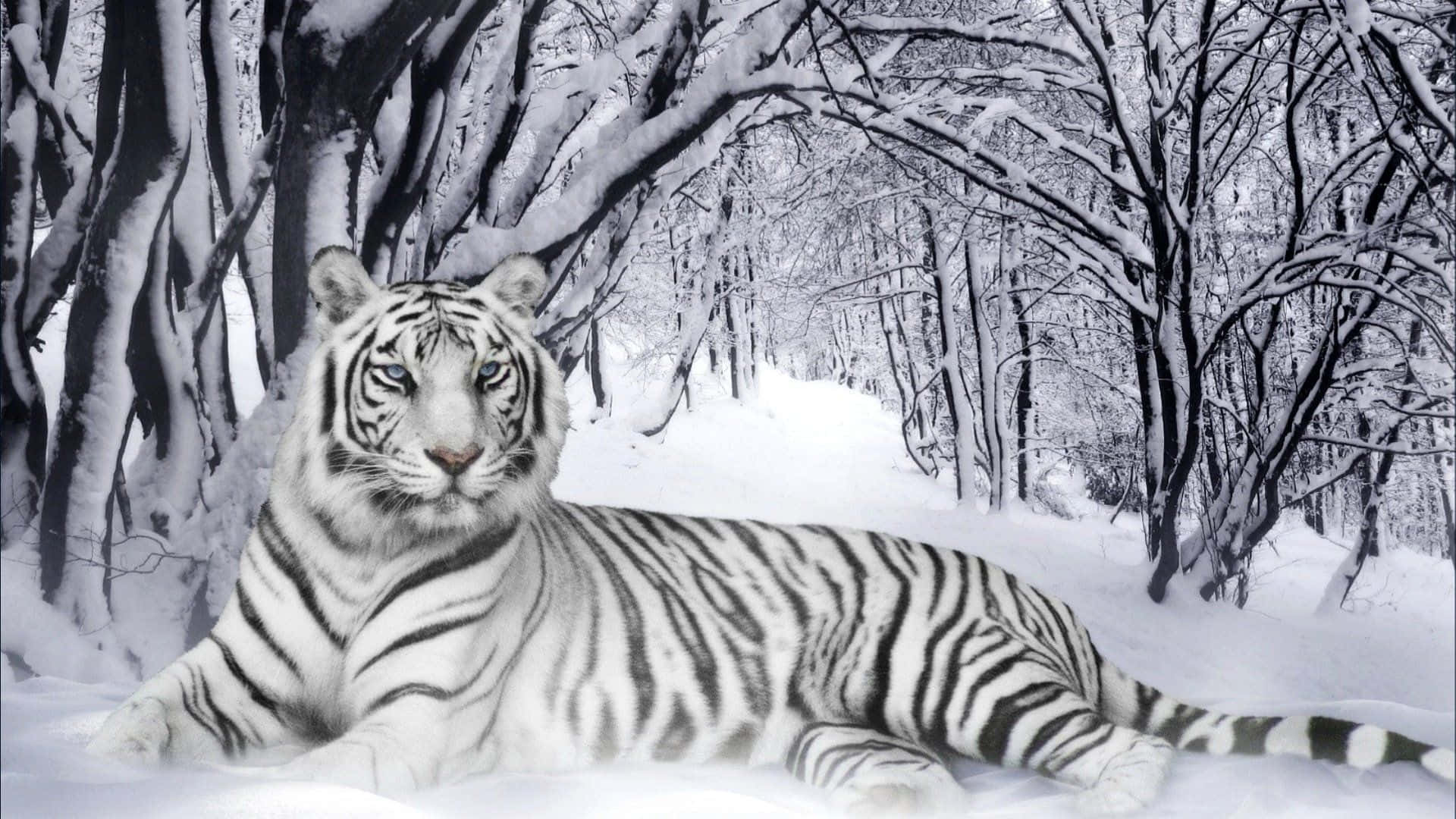 Winter Animal 桌布 壁紙 — 一隻雄偉的白虎在白雪覆蓋的森林中休息，周圍是積雪的樹木。