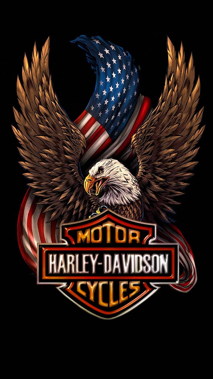 Harley Davidson 標誌 桌布 壁紙 — 一隻雄偉的白頭鷹展開翅膀抓著美國國旗，位於黑色背景上的哈雷戴維森標誌上方。
