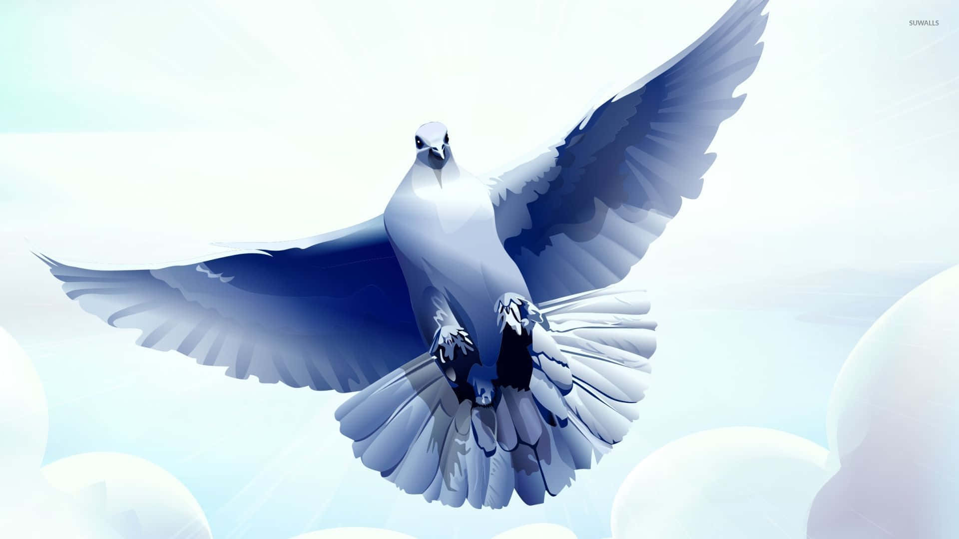 Dove Wings 桌布 壁紙 — 一隻雄偉的白鴿展開翅膀，在柔和的藍白相間的天空中優雅地翱翔，天空中有蓬鬆的雲朵。