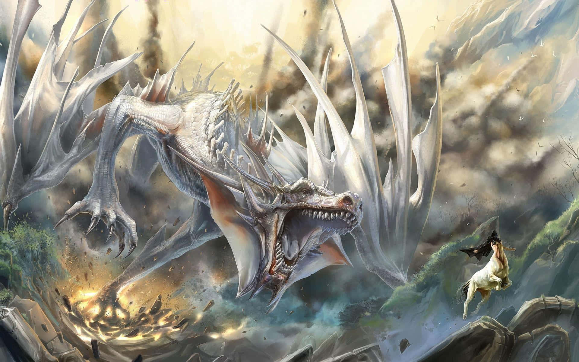 Yugioh Dragons 桌布 壁紙 — 一隻雄偉的白龍，長有尖刺翅膀，在暴風雲中咆哮，而一名騎著白馬的騎士從下方的懸崖躍起。
