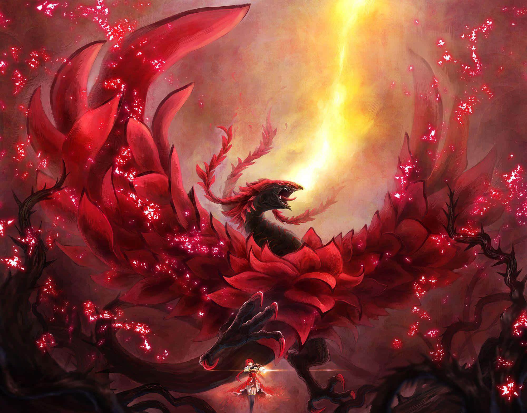 Akiza Izinski 桌布 壁紙 — 一隻雄偉的紅色巨龍，帶有發光花瓣和火焰光環，對著燦爛的金色天空咆哮。