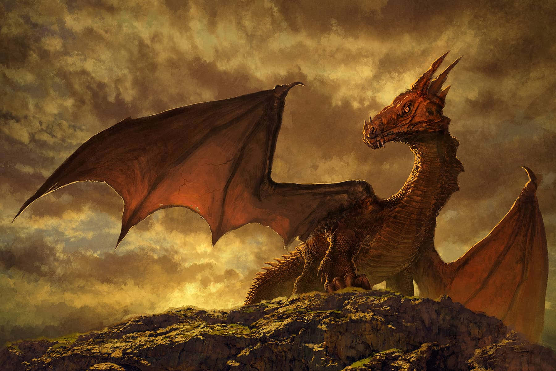 Dragons 桌布 壁紙 — 一隻雄偉的紅龍展開翅膀，棲息在岩石懸崖上，背景是戲劇性的金色日落天空。