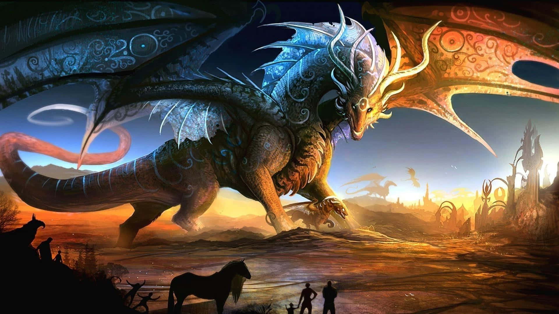 3d Fantasy 桌布 壁紙 — 一隻雄偉的藍金龍，擁有華麗的翅膀，在熾熱的日落景觀中大步前行，微小的人類身影和一匹馬敬畏地觀看。