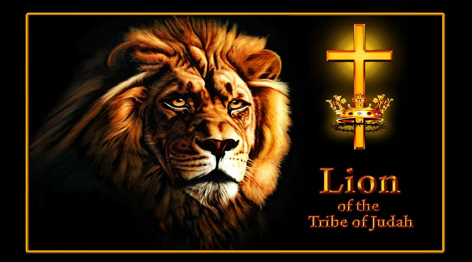 Lion Of Judah 桌布 壁紙 — 一隻雄偉的金色獅子在黑暗背景中，旁邊有一個發光的十字架，頂端有皇冠，獅子直視前方。