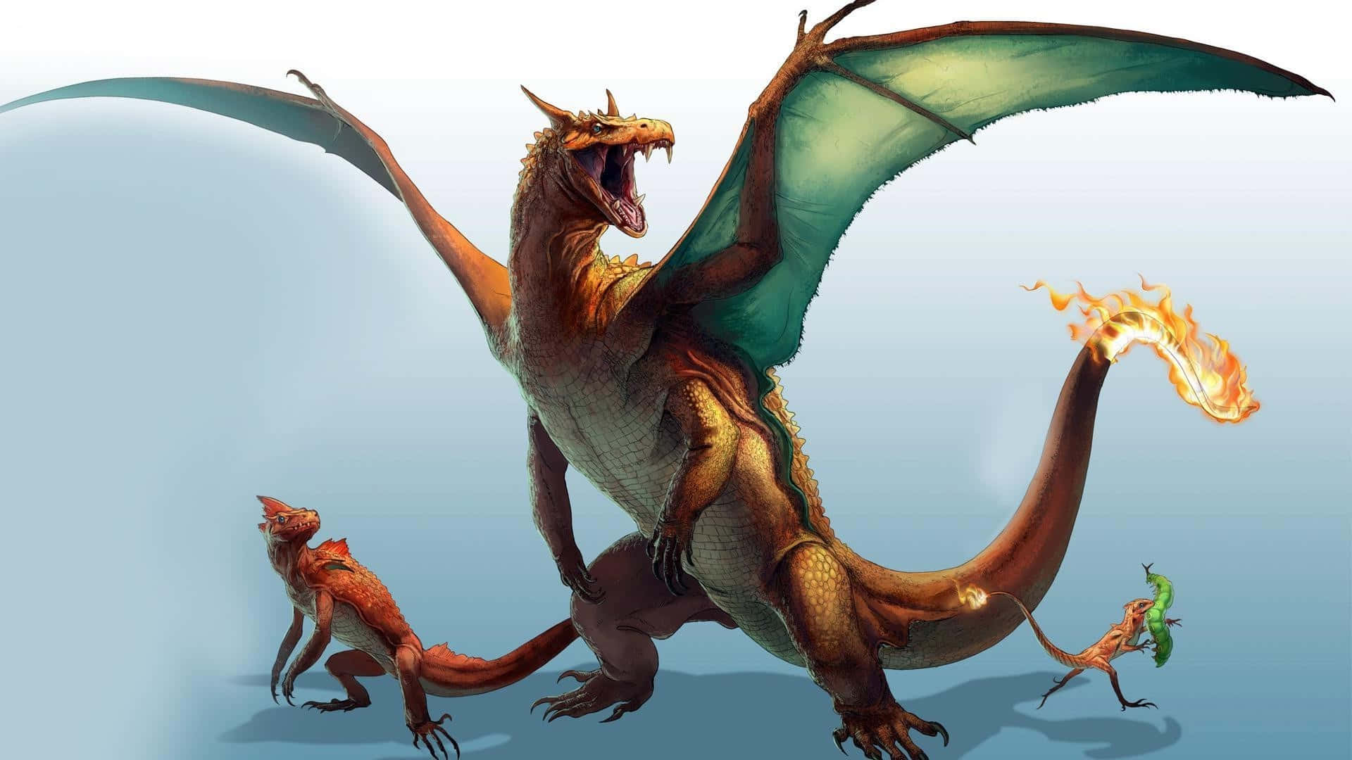 Pokemon Fan Art 桌布 壁紙 — 一隻雄偉的金色龍，擁有藍綠色翅膀，咆哮著噴火，兩條較小的龍在柔和的藍色漸變背景附近奔跑。