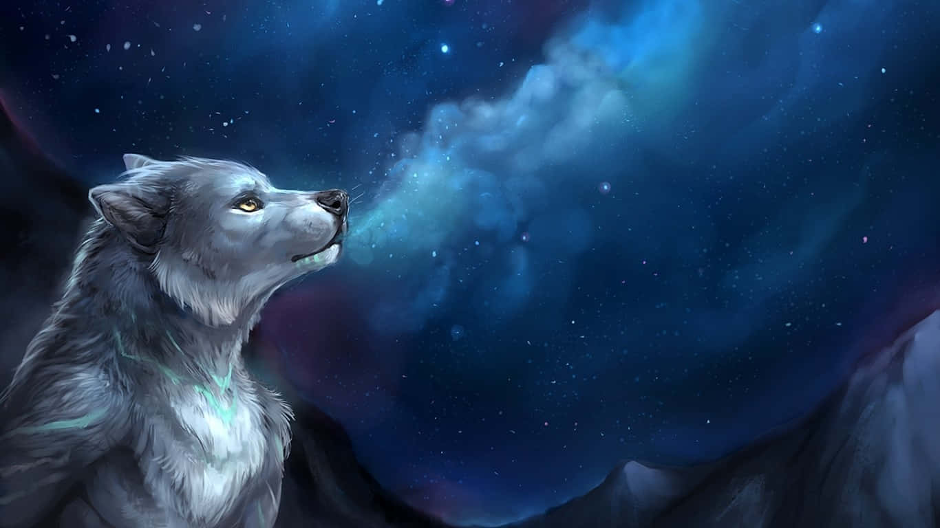 White Wolf 桌布 壁紙 — 一隻雄偉的銀狼在繁星點點的夜空下，仰望一個充滿星星和宇宙藍色的旋轉星雲。