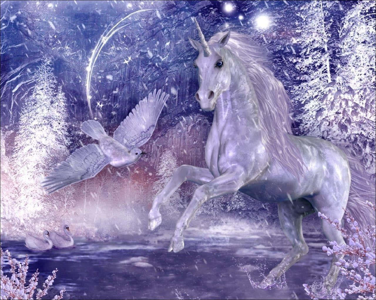 3d Unicorn 桌布 壁紙 — 一隻雄偉的銀色獨角獸在雪地森林中跳躍，一隻鴿子在星光月夜下飛翔在牠身旁。