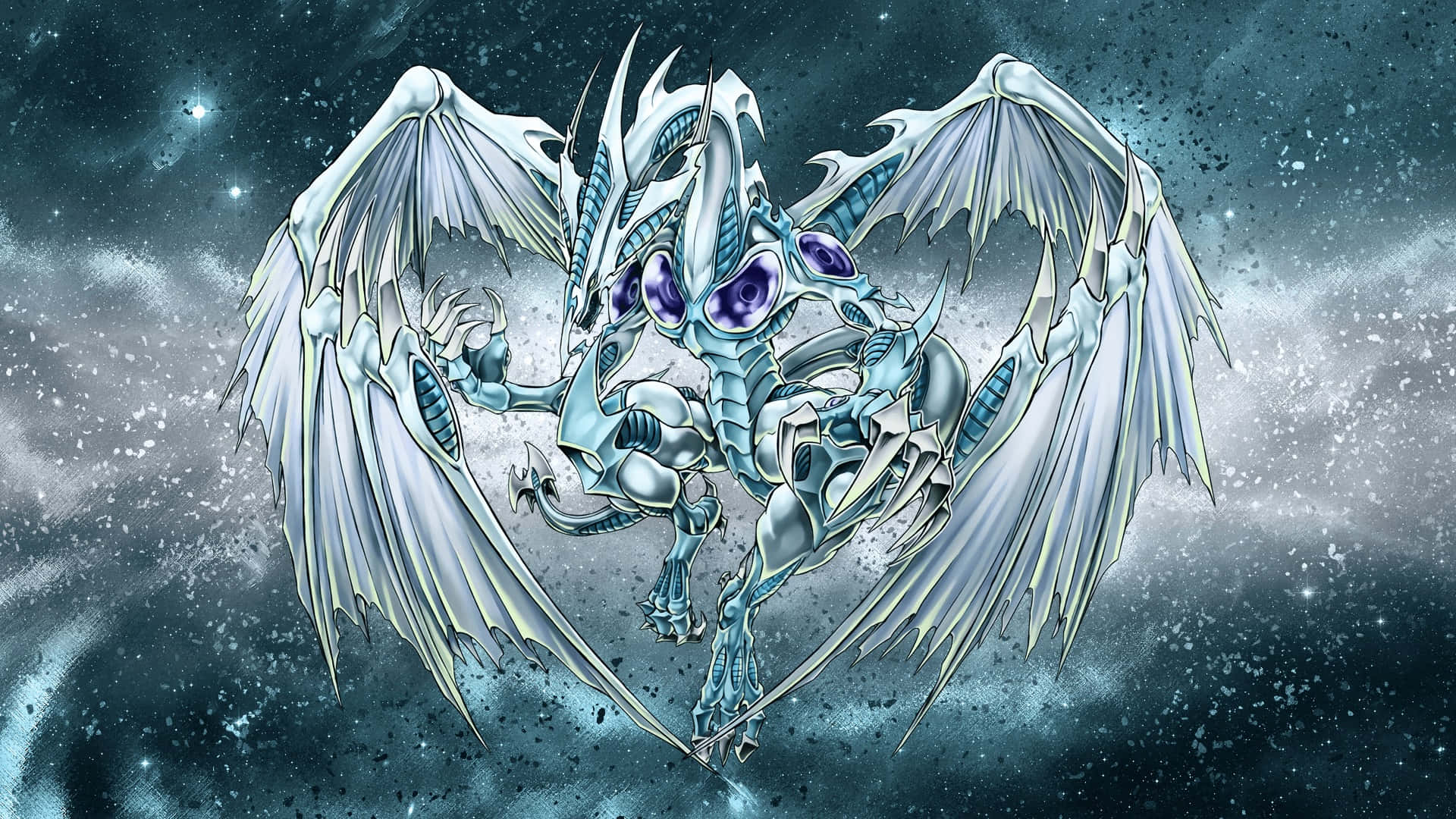 Yugioh 桌布 壁紙 — 一隻雄偉的銀龍，擁有發光的紫色眼睛和寬闊的翅膀，在繁星點點的宇宙天空中翱翔。