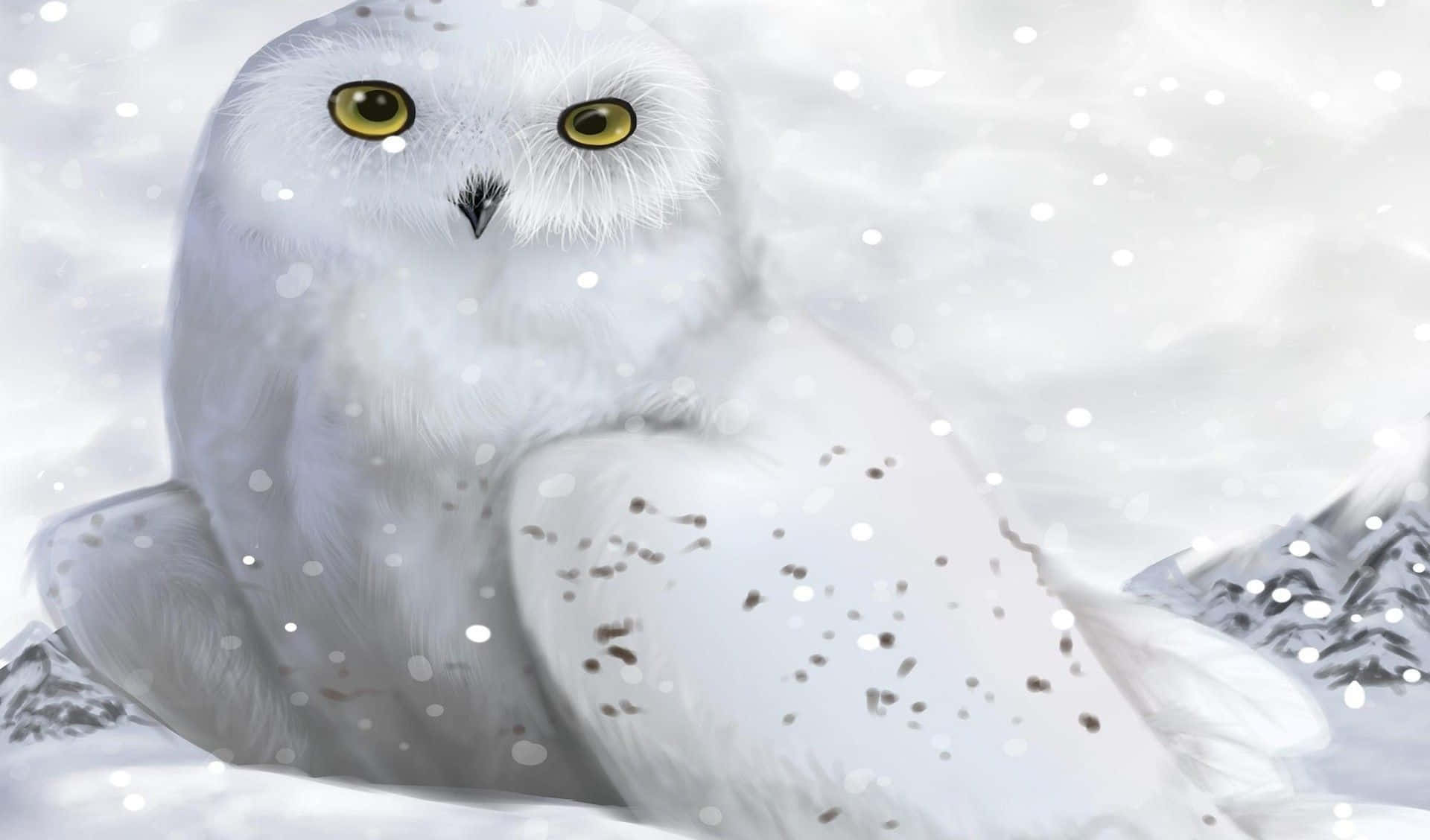 Snowy Owl 桌布 壁紙 — 一隻雄偉的雪鴞，有著銳利的黃色眼睛，靜靜地坐在雪景中，雪花輕輕飄落在它周圍。