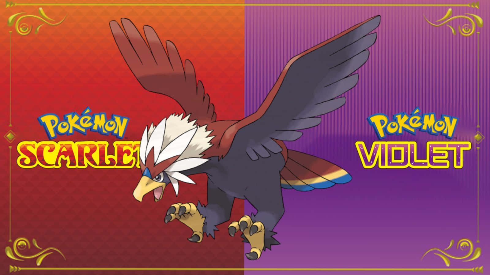 Pokémon Scarlet And Violet Braviary 壁紙 — 一隻雄偉的鳥類寶可夢在紅紫分割背景上展翅，帶有「寶可夢 朱」和「寶可夢 紫」文字。