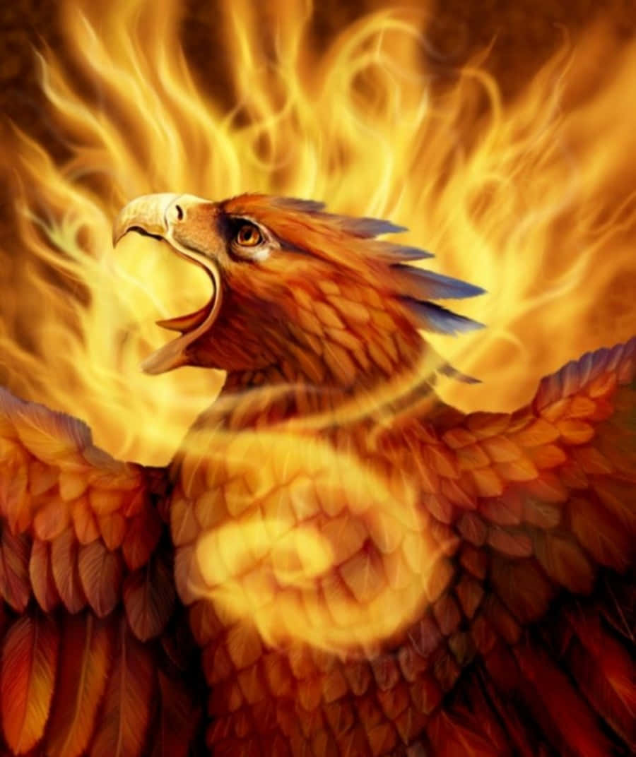 鳳凰 桌布 壁紙 — 一隻雄偉的鳳凰，擁有火橙色和金色的羽毛，在旋轉的火焰中咆哮，呈現出戲劇性的數位插圖。