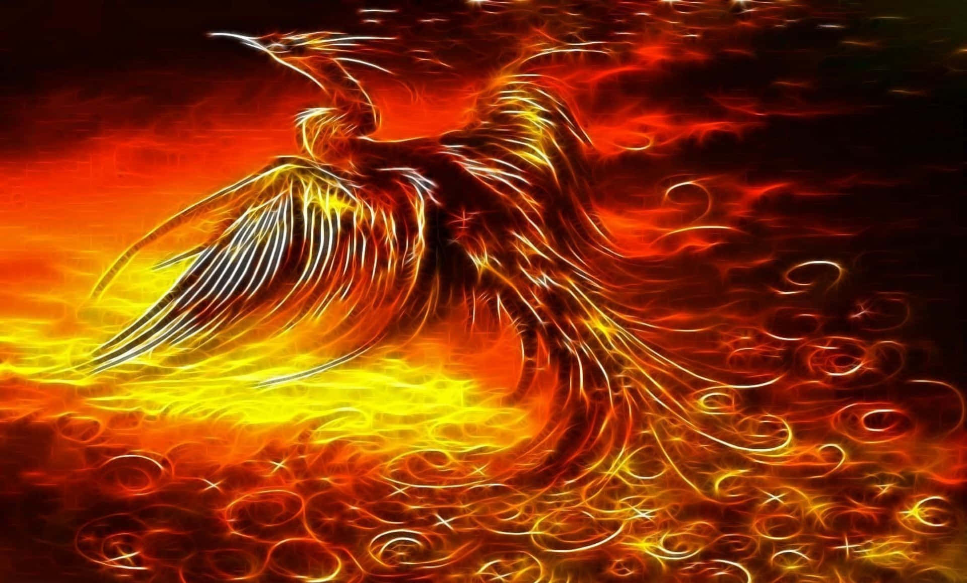 鳳凰 桌布 壁紙 — 一隻雄偉的鳳凰，翅膀發光，從旋轉的火焰中出現，背景是黑暗熾熱的。
