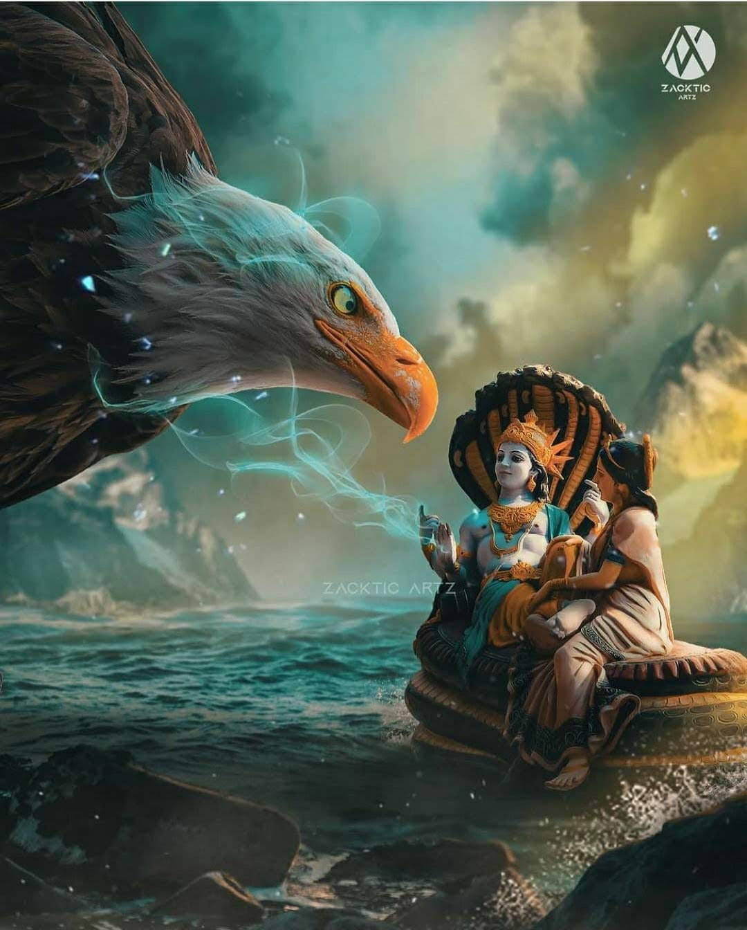 Vishnu 桌布 壁紙 — 一隻雄偉的鷹帶著發光的藍色能量，盤旋在一位坐在蛇王座上、身處暴風雨海洋中的神聖人物之上。