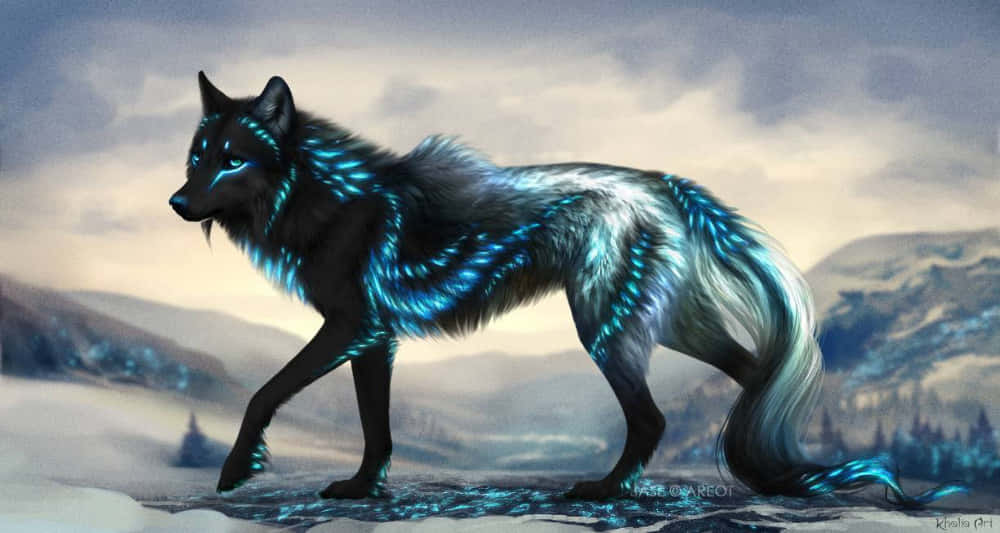 Mythical Wolf 桌布 壁紙 — 一隻雄偉的黑狼，帶有發光的藍色能量線，在陰天下的雪山景觀中奔跑。