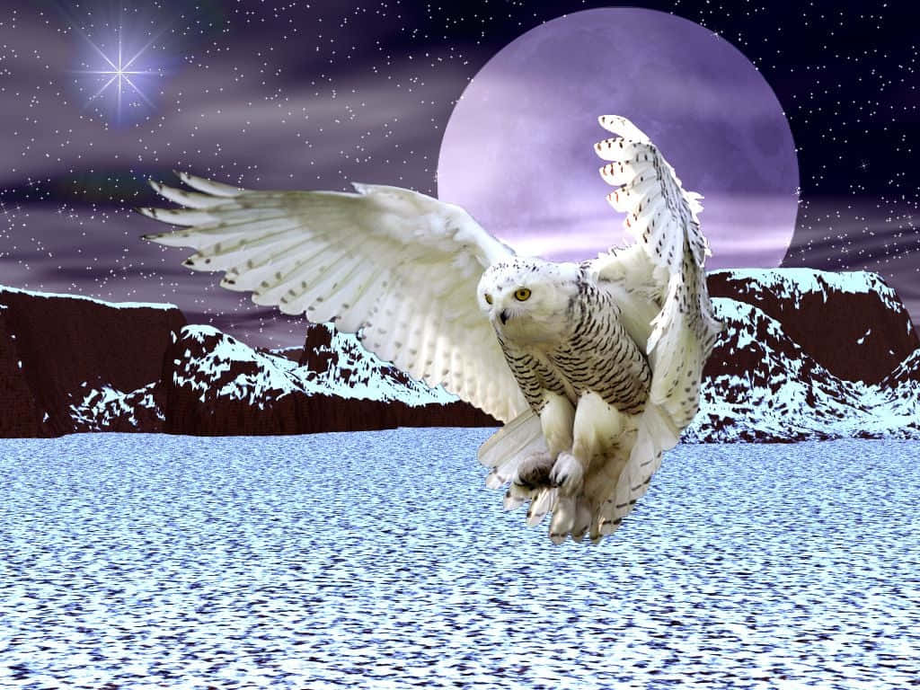 Snowy Owl 桌布 壁紙 — 一隻雪鴞在冰凍的水面上翱翔，下方是巨大的紫色月亮和滿天星斗的夜空。