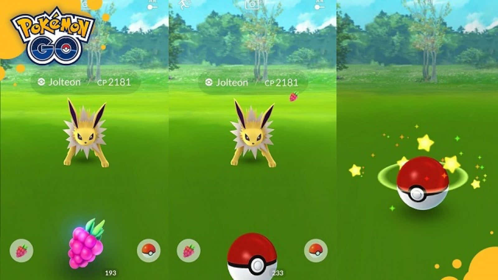 Pokemon Virtual World 桌布 壁紙 — 一隻雷伊布寶可夢站在草地上，一個精靈球閃爍著星星，準備在 Pokémon GO 中捕捉牠。