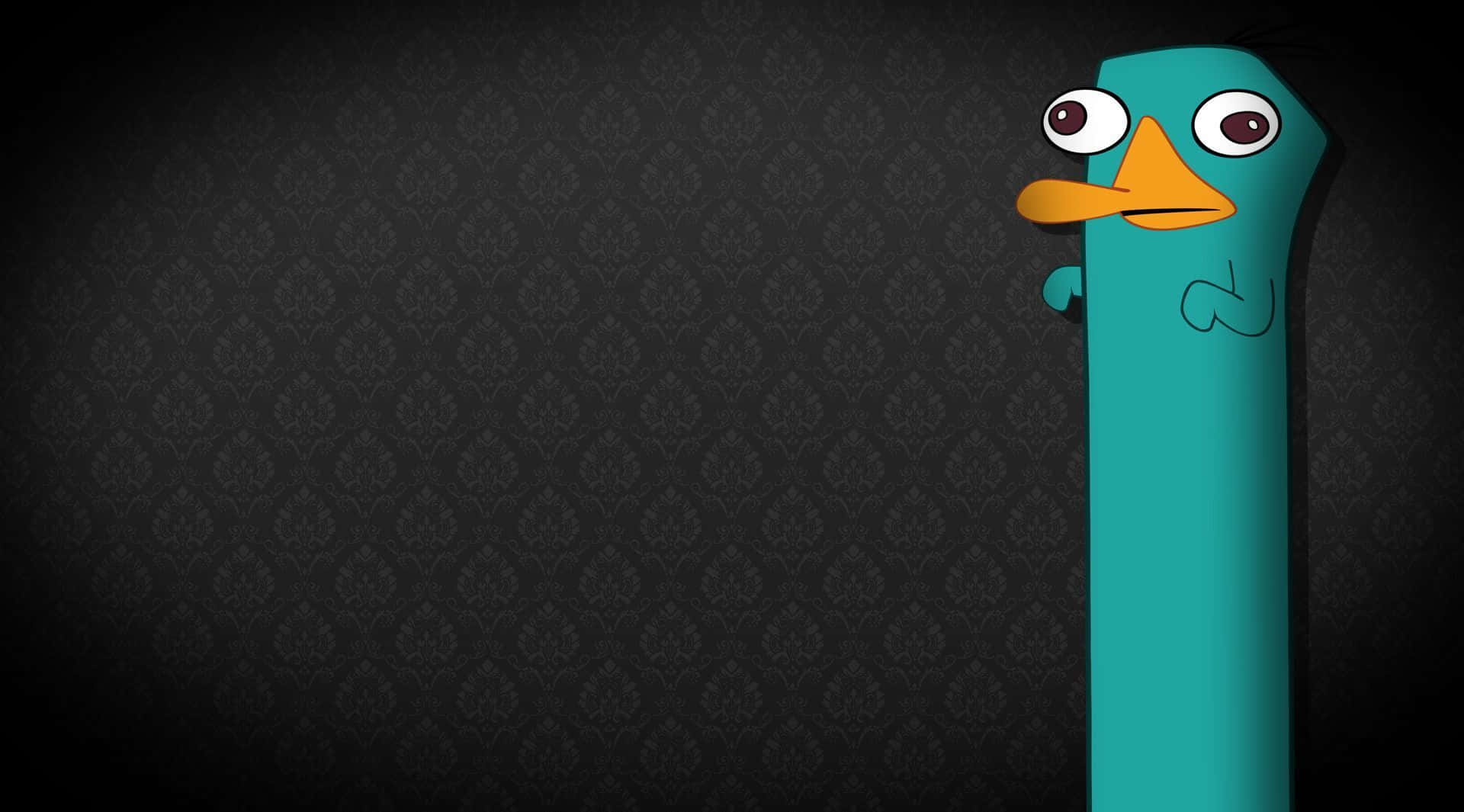 Phineas And Ferb 桌布 壁紙 — 一隻青綠色卡通鴨子，有橙色喙，從右邊探出頭來，背景是深色有紋理的。