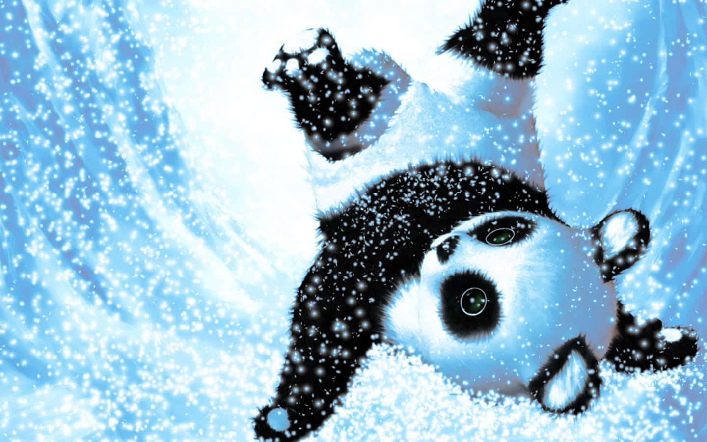 Kawaii Panda 桌布 壁紙 — 一隻頑皮的熊貓寶寶在雪花紛飛中翻滾，背景是旋轉的冰藍色。