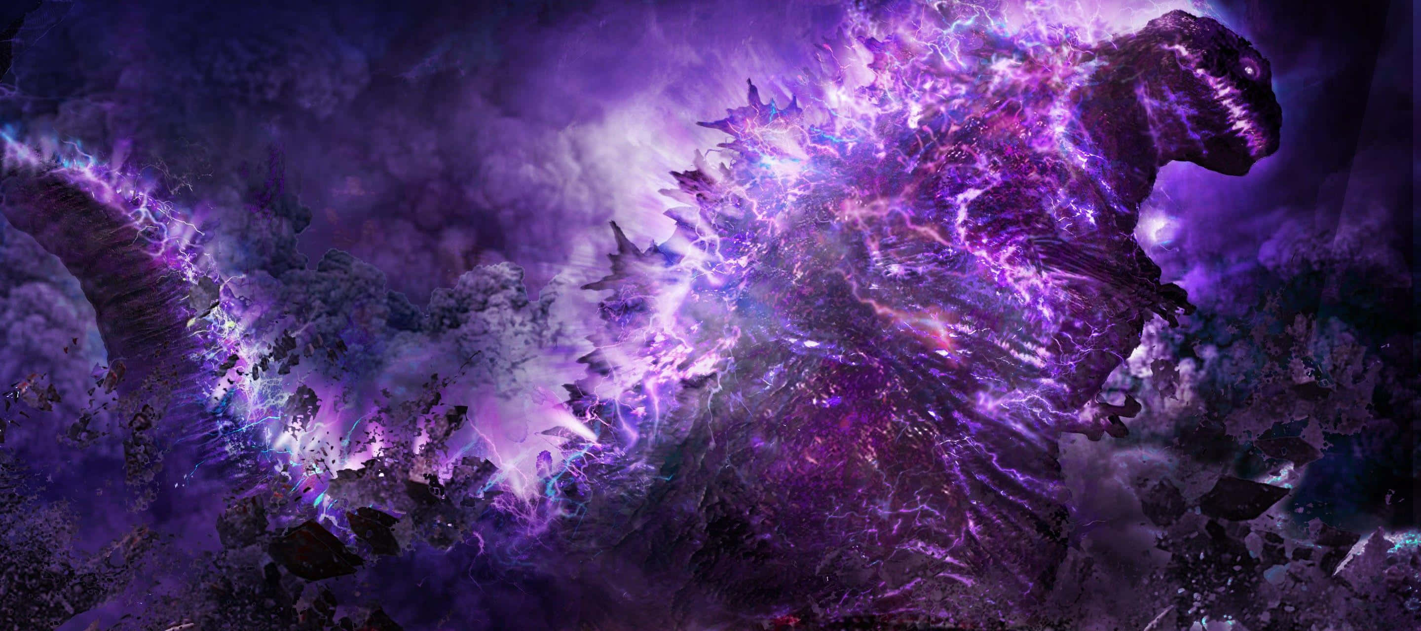 Burning Godzilla 桌布 壁紙 — 一隻類似哥斯拉的巨大怪物在破碎的瓦礫和暴風雲中散發出電紫色能量。