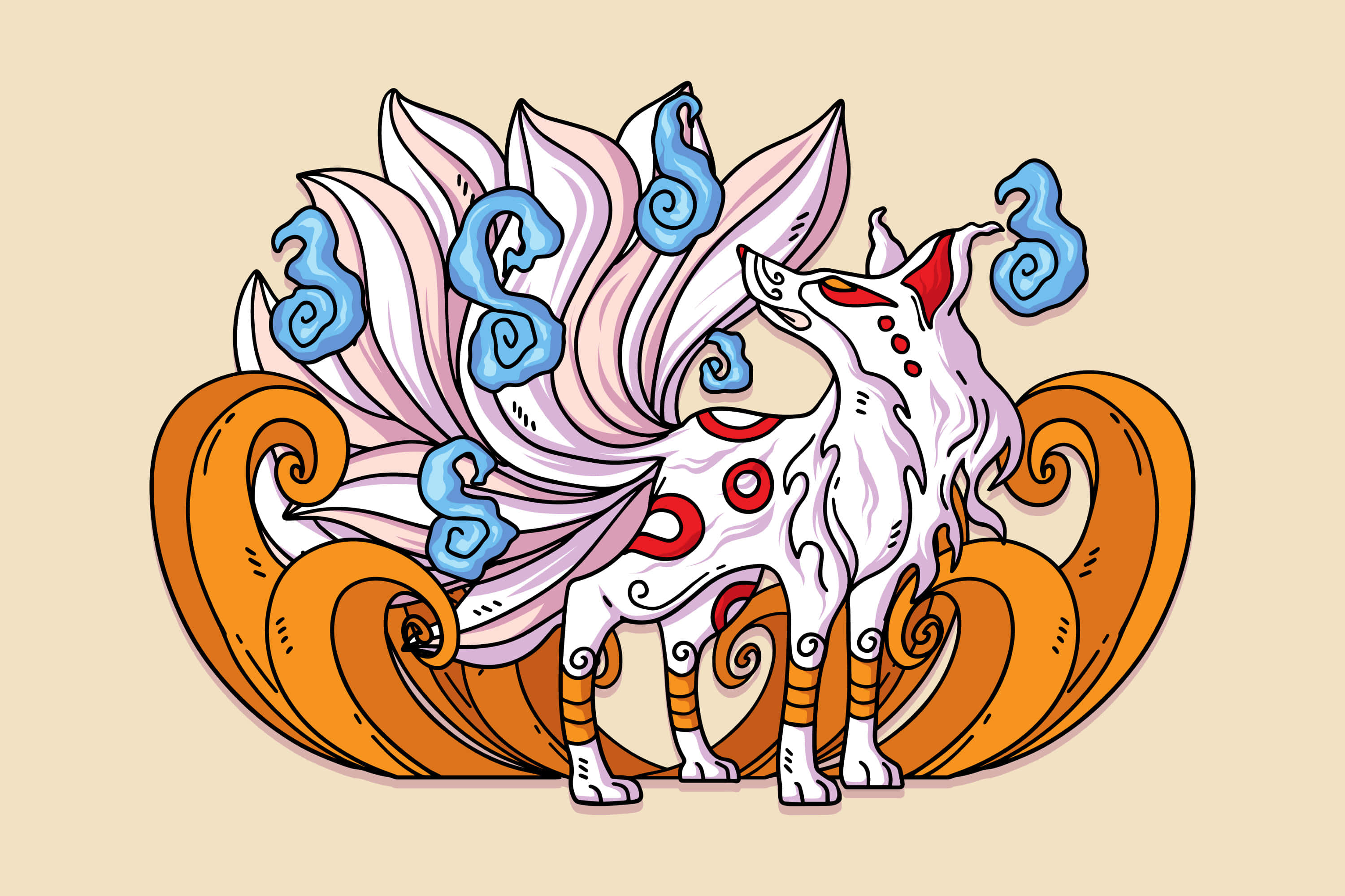 Psychedelic Animals 桌布 壁紙 — 一隻風格化的九尾狐，白色皮毛，紅色斑紋，飄逸的粉紅、藍色和橙色尾巴，站在米色背景前。