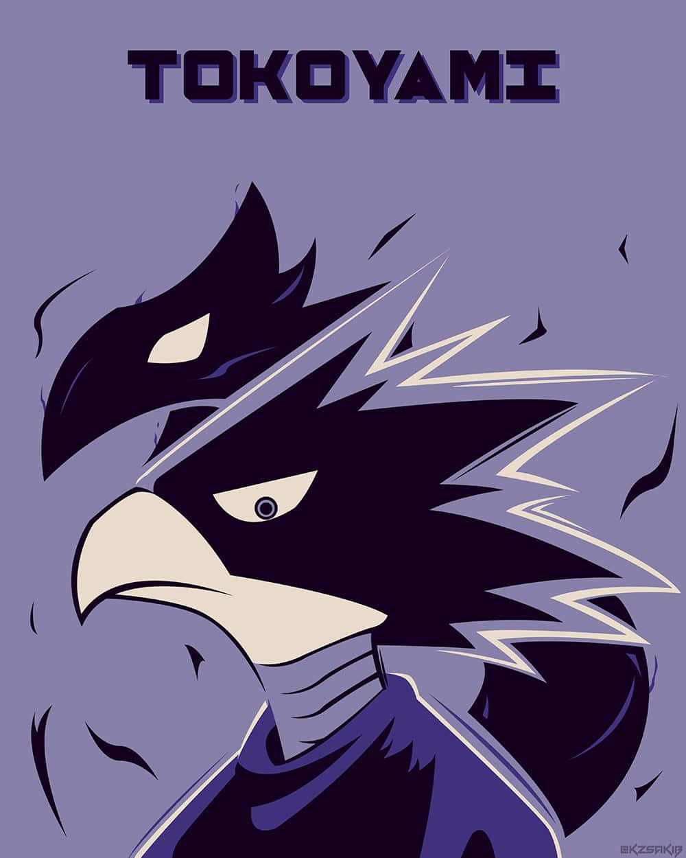 Fumikage Tokoyami 桌布 壁紙 — 一隻風格化的動漫鷹，擁有銳利的白色眼睛和閃電形狀的羽毛，背景為紫色。