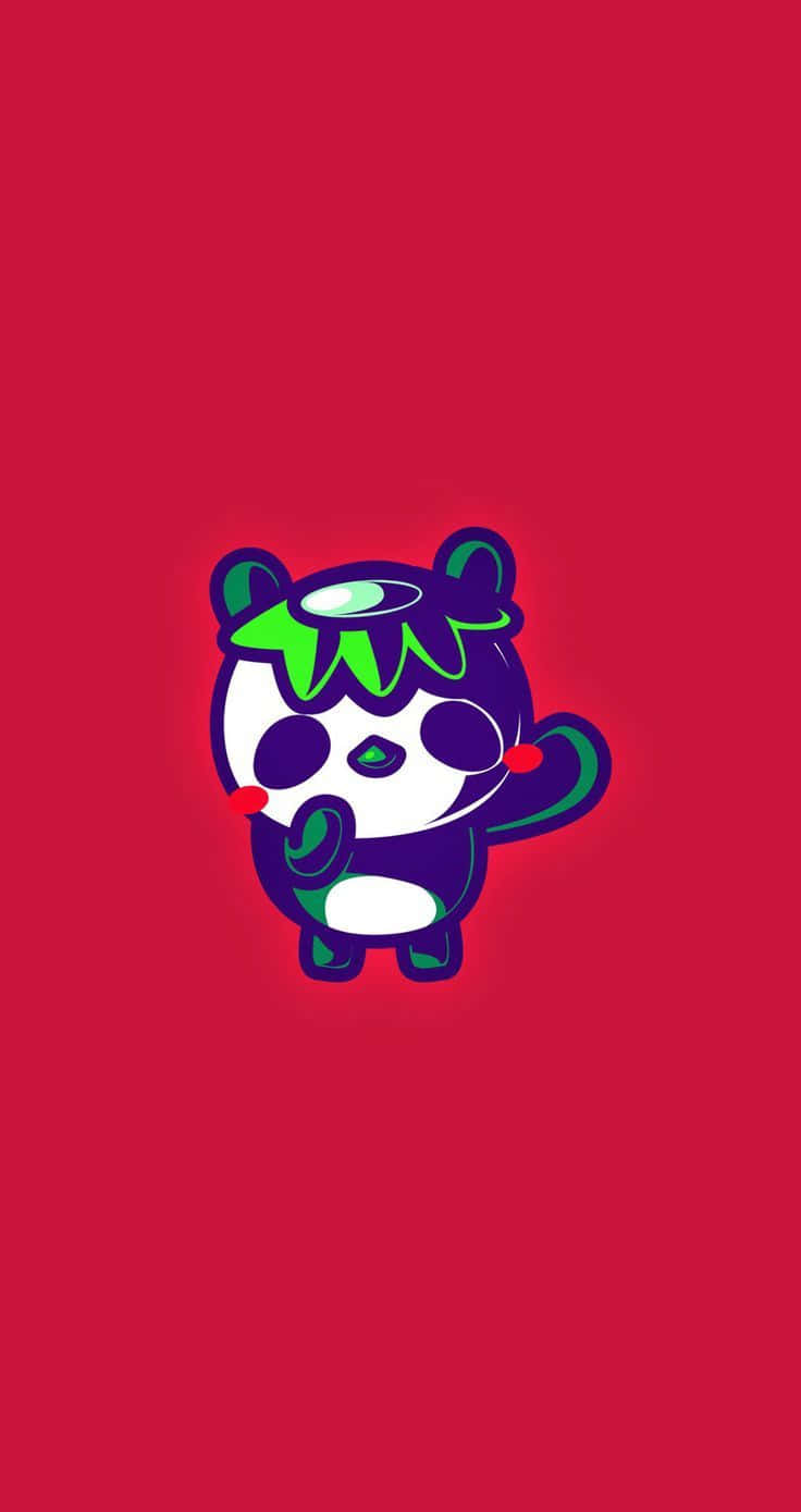 Cartoon Art 桌布 壁紙 — 一隻風格化的卡通熊貓，擁有綠色頭髮和紅色臉頰，站在純紅色背景前。