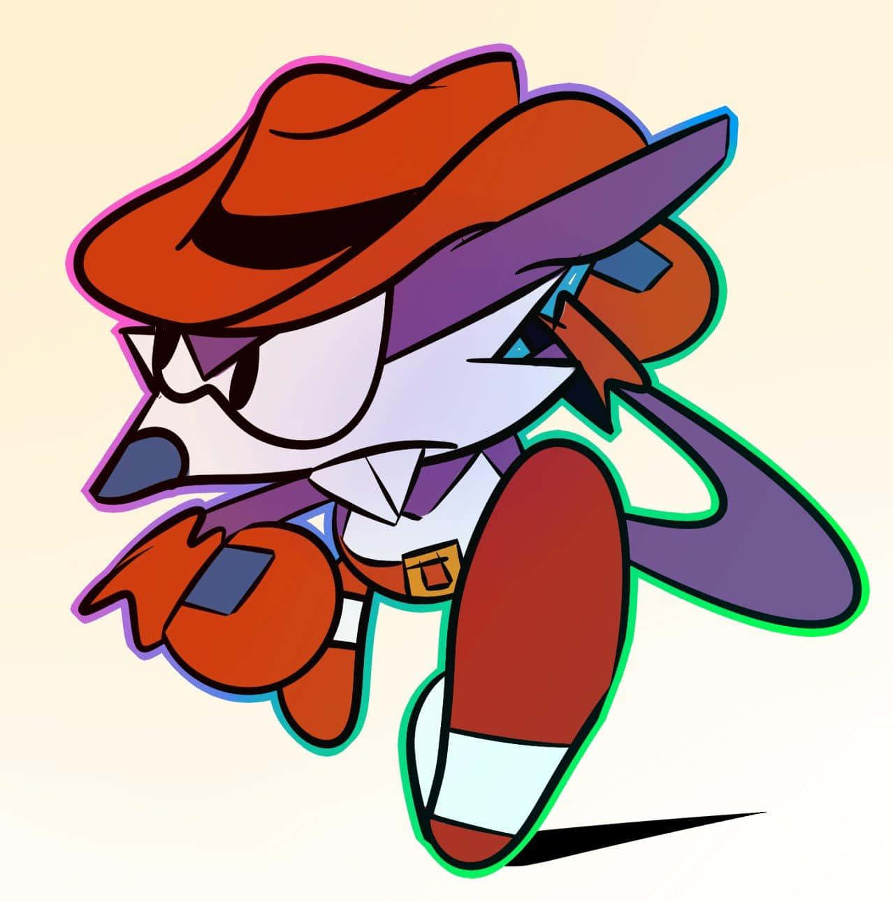 Fang The Sniper 桌布 壁紙 — 一隻風格化的卡通狐狸，戴著紅色帽子，穿著紫色服裝，以粗線條和鮮豔色彩動態奔跑。