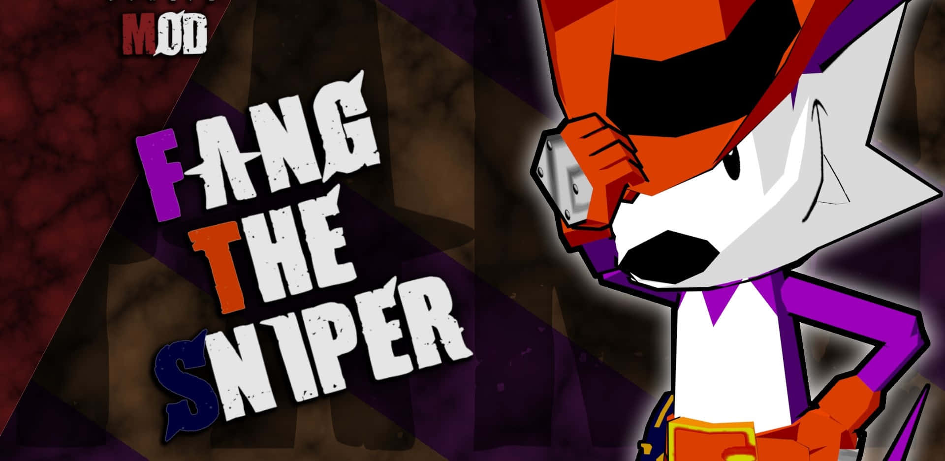 Fang The Sniper 桌布 壁紙 — 一隻風格化的卡通狐狸以狙擊姿勢出現，並帶有粗體文字 Fang the Sniper，背景為深色幾何圖案。