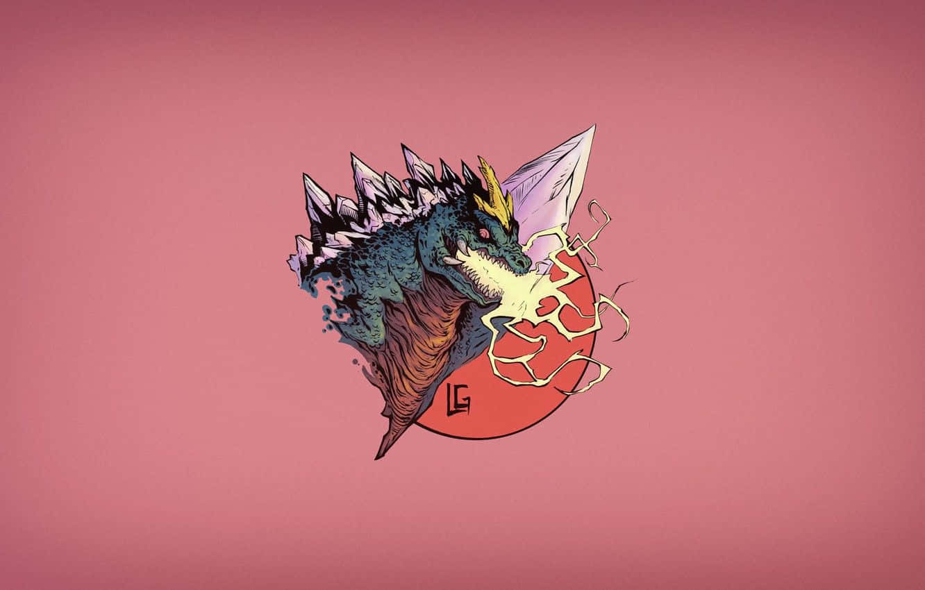 Godzilla Art 桌布 壁紙 — 一隻風格化的哥斯拉，背部有尖刺，眼睛發光，從一個紅色圓圈中出現，背景是純粉紅色。